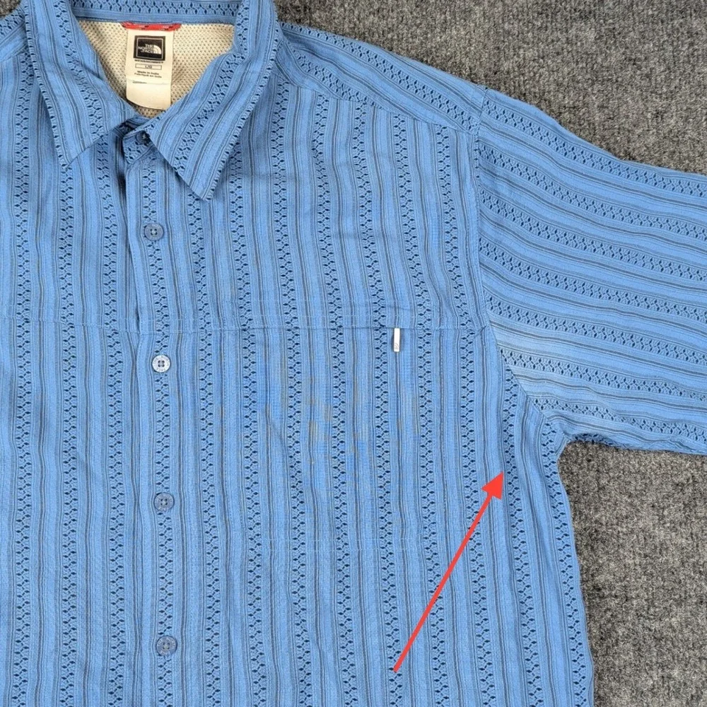 The North Face Mens Blue Textured Stripe Short Sleeve Button Up‎ Shirt AH6T L